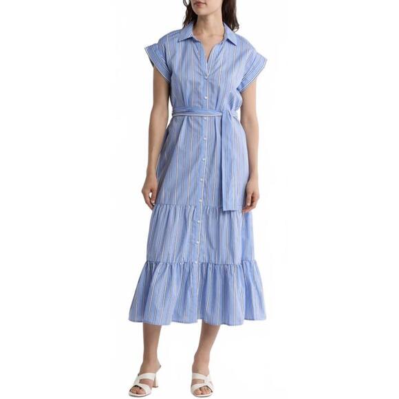 Tommy Hilfiger 100% Cotton Cap Sleeve Tiered Shirt Dress Blue Stripes NWT 12/XL